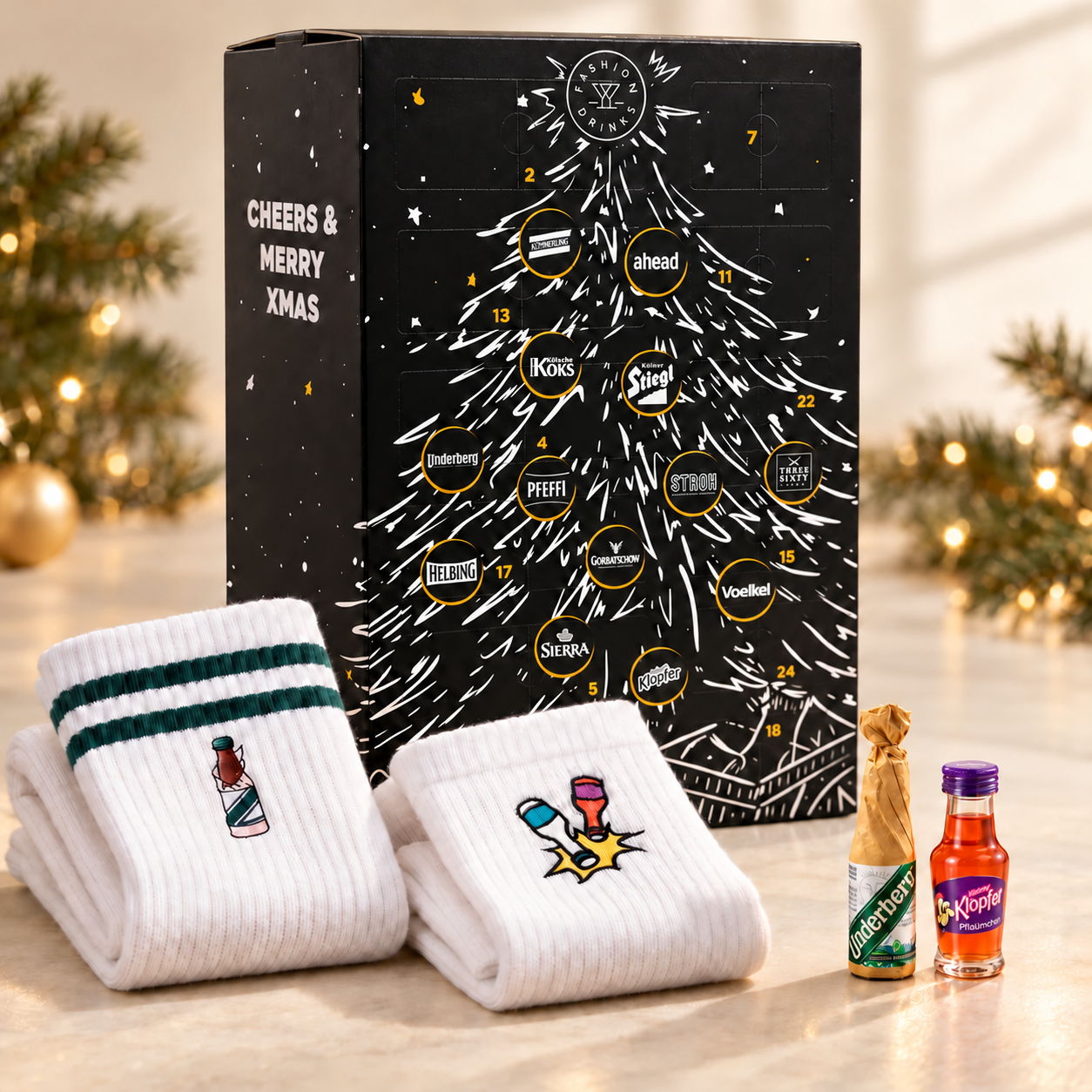 Ein Einblick: Fashion Drinks Adventskalender, bestickte Socken und Mini-Drinks